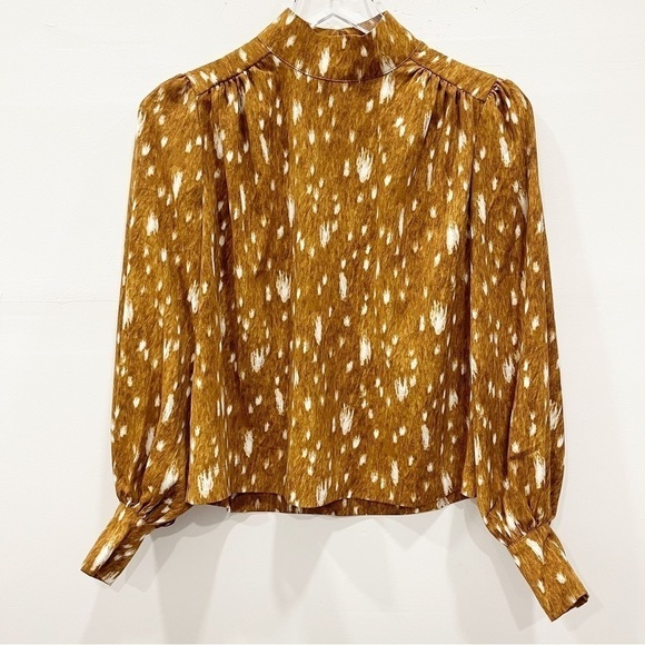 Cara Santana + Apt. 9 Mock Neck Shirred Blouse Size XS in Camel Dot - Picture 1 of 10